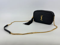 Saint Laurent Mini Lou Camera Bag in Black Chevron Quilted Grained Leather