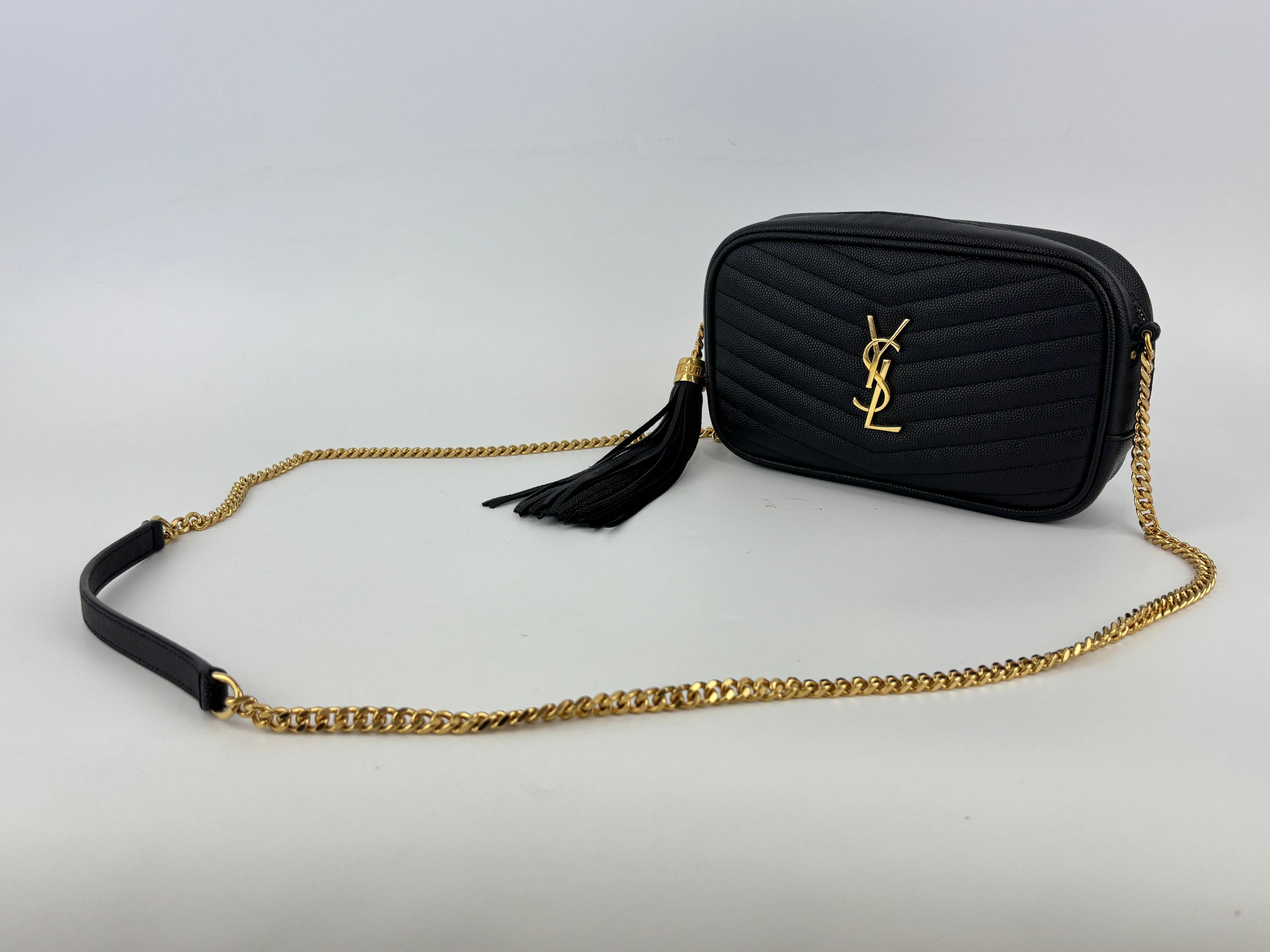 Saint Laurent Mini Lou Camera Bag in Black Chevron Quilted Grained Leather