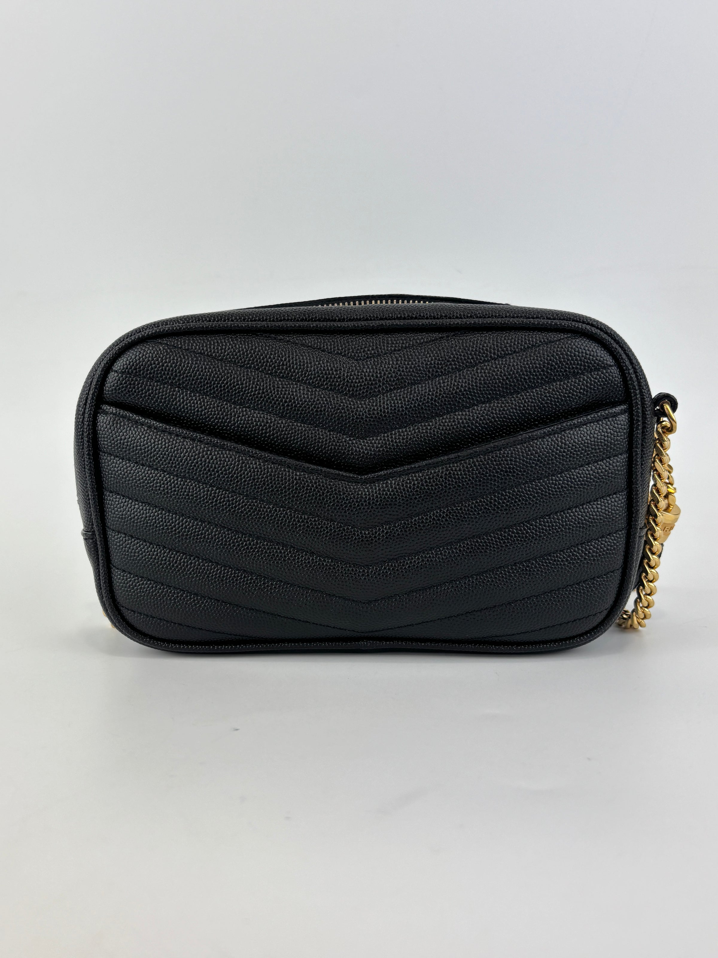 Saint Laurent Mini Lou Camera Bag in Black Chevron Quilted Grained Leather