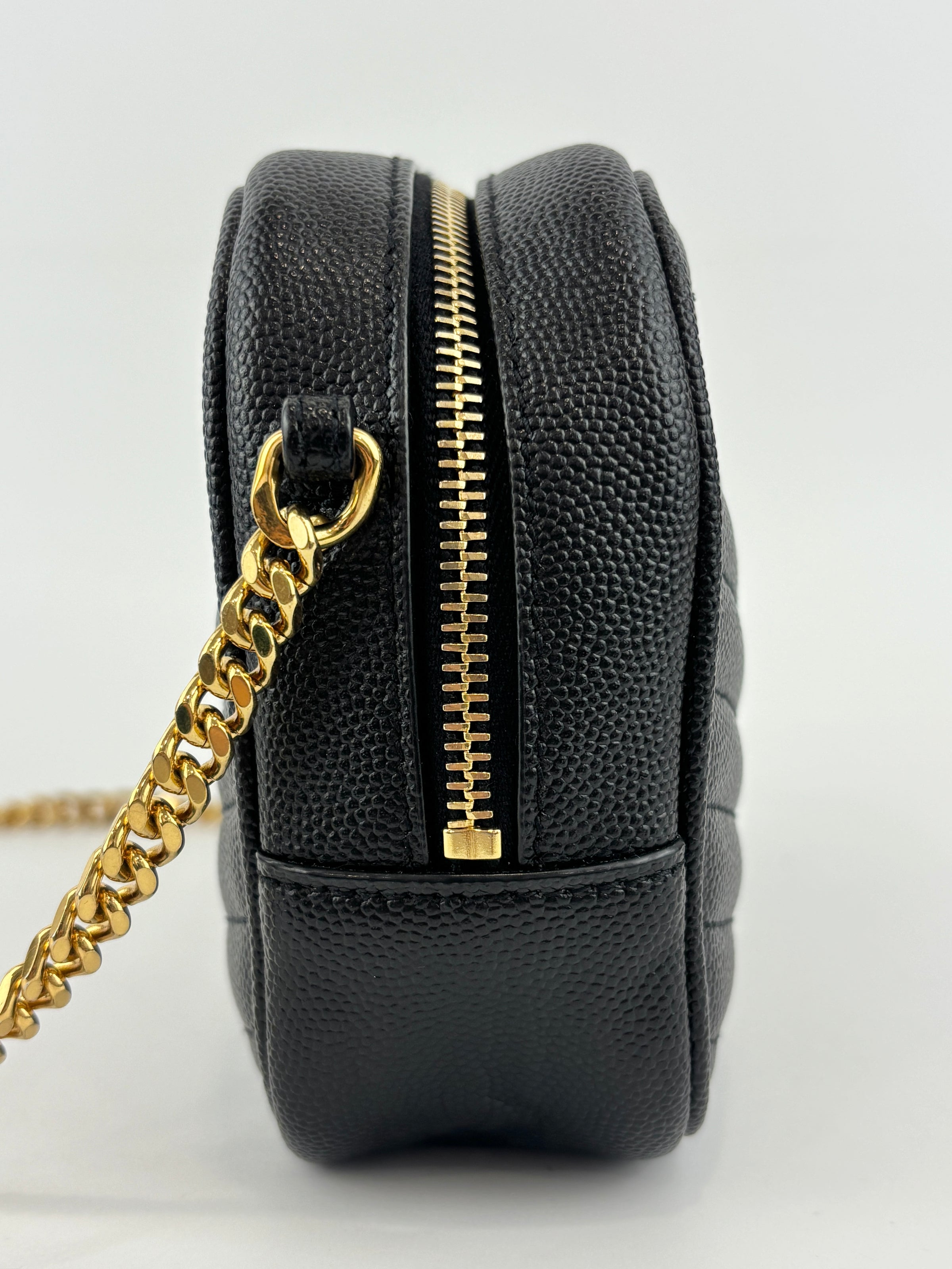 Saint Laurent Mini Lou Camera Bag in Black Chevron Quilted Grained Leather