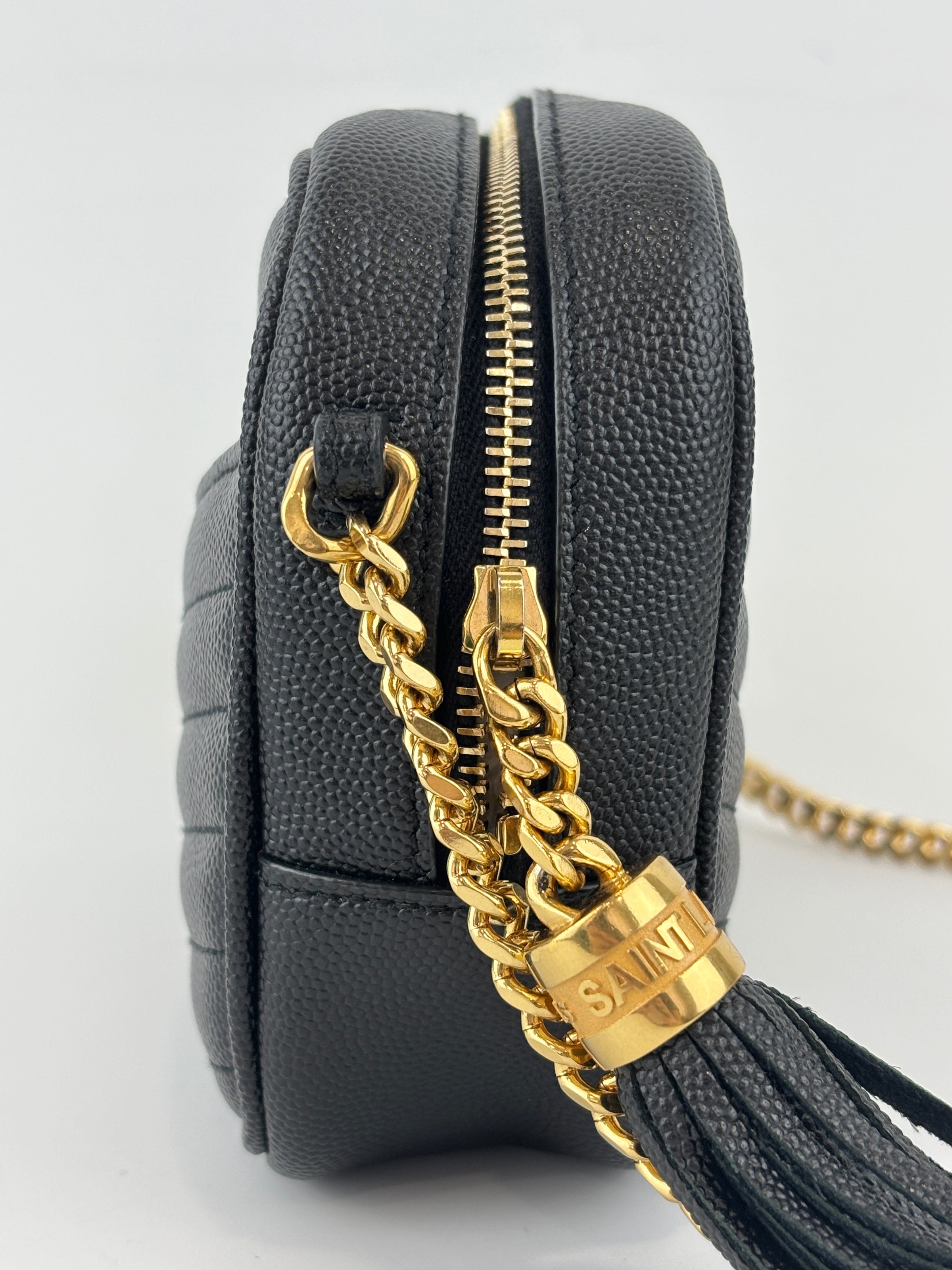 Saint Laurent Mini Lou Camera Bag in Black Chevron Quilted Grained Leather