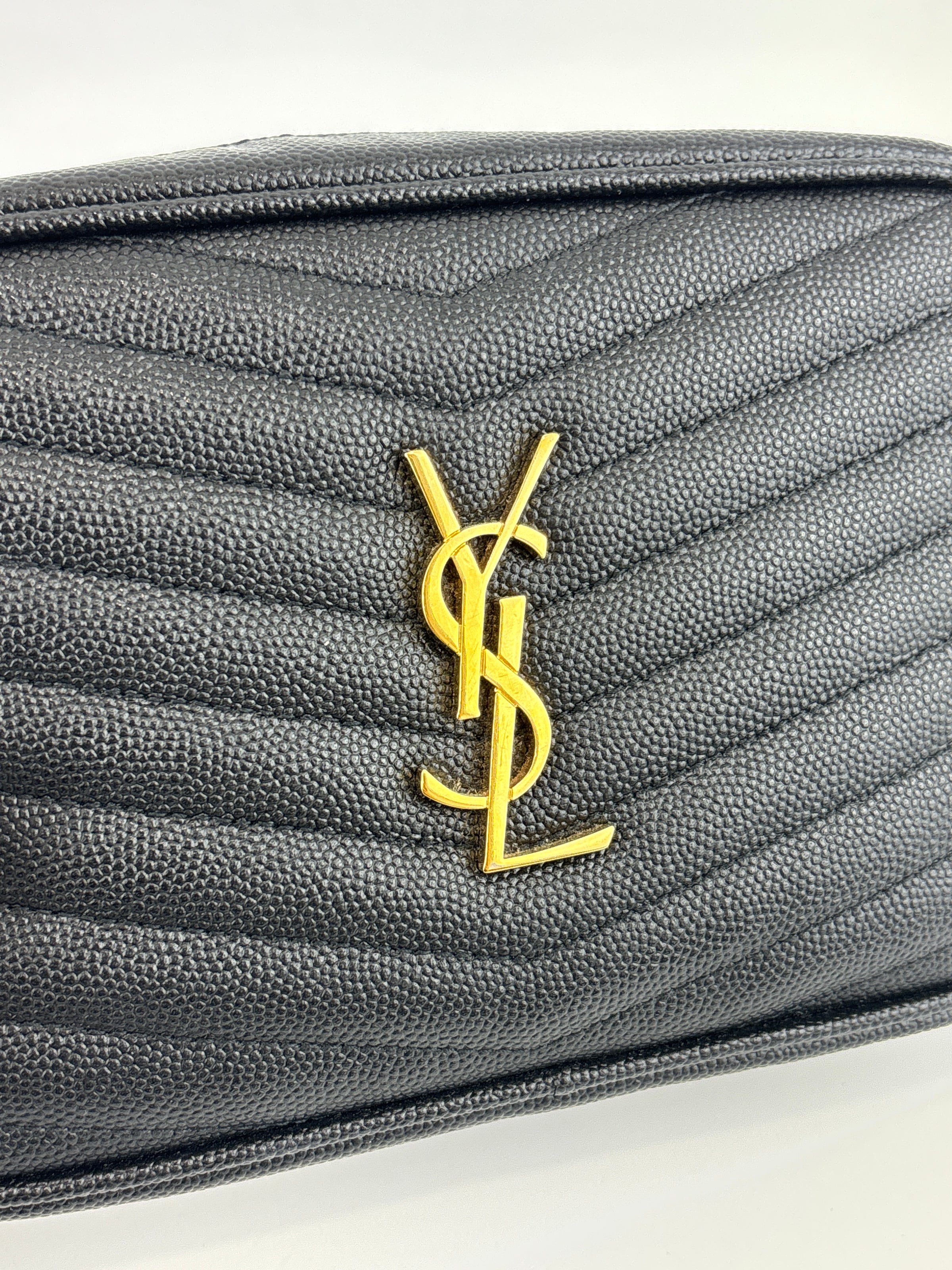 Saint Laurent Mini Lou Camera Bag in Black Chevron Quilted Grained Leather