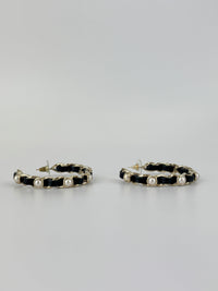 AB2674 Black Woven Lambskin Gold Faux Pearl Chain Hoop Earrings