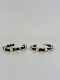 AB2674 Black Woven Lambskin Gold Faux Pearl Chain Hoop Earrings