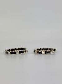 AB2674 Black Woven Lambskin Gold Faux Pearl Chain Hoop Earrings