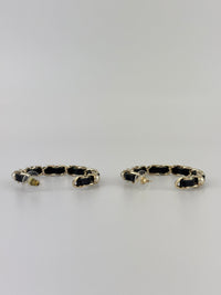 AB2674 Black Woven Lambskin Gold Faux Pearl Chain Hoop Earrings