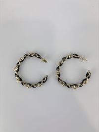 AB2674 Black Woven Lambskin Gold Faux Pearl Chain Hoop Earrings