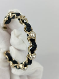 AB2674 Black Woven Lambskin Gold Faux Pearl Chain Hoop Earrings
