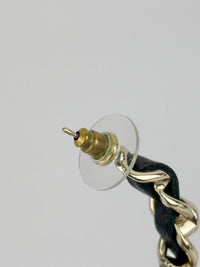 AB2674 Black Woven Lambskin Gold Faux Pearl Chain Hoop Earrings