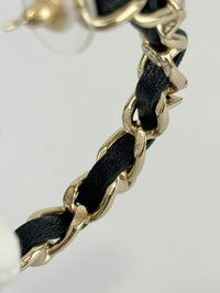 AB2674 Black Woven Lambskin Gold Faux Pearl Chain Hoop Earrings