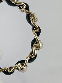 AB2674 Black Woven Lambskin Gold Faux Pearl Chain Hoop Earrings