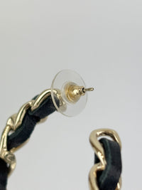 AB2674 Black Woven Lambskin Gold Faux Pearl Chain Hoop Earrings