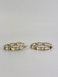 AB2674 White Woven Lambskin Gold Faux Pearl Chain Hoop Earrings