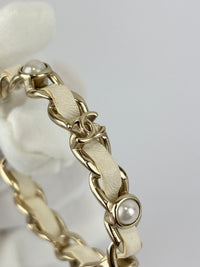 AB2674 White Woven Lambskin Gold Faux Pearl Chain Hoop Earrings
