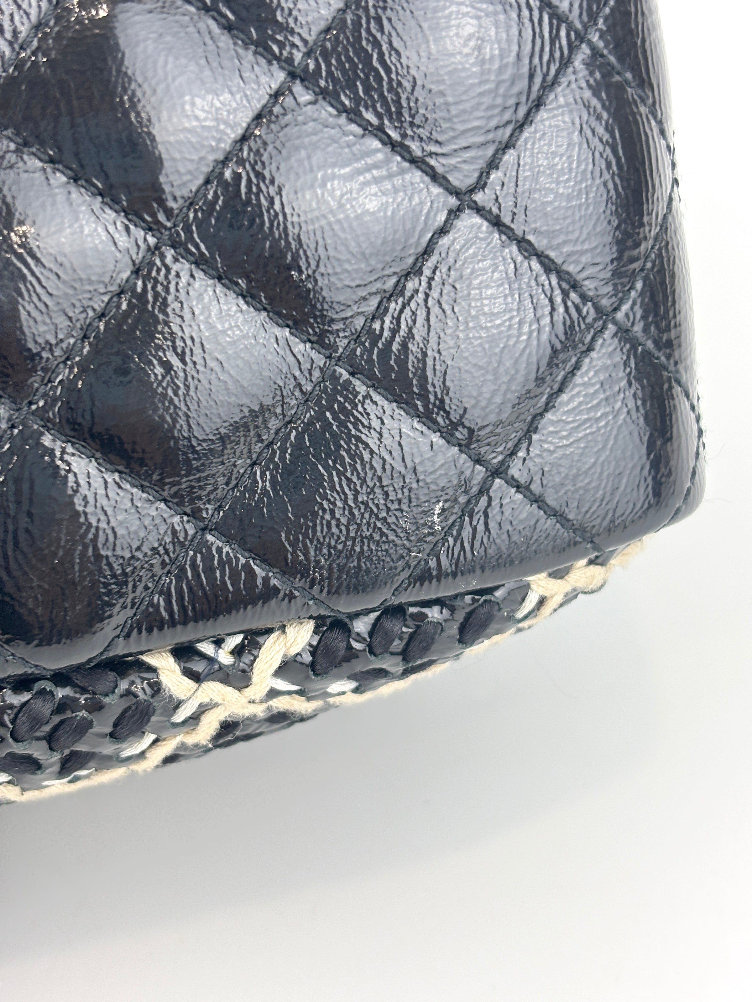 11P A50373 Black Crinkled Patent Camera Bag with Giant Stitch Details SHW - Glampot