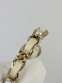 AB2674 White Woven Lambskin Gold Faux Pearl Chain Hoop Earrings