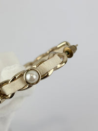 AB2674 White Woven Lambskin Gold Faux Pearl Chain Hoop Earrings