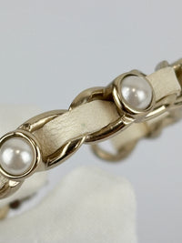 AB2674 White Woven Lambskin Gold Faux Pearl Chain Hoop Earrings