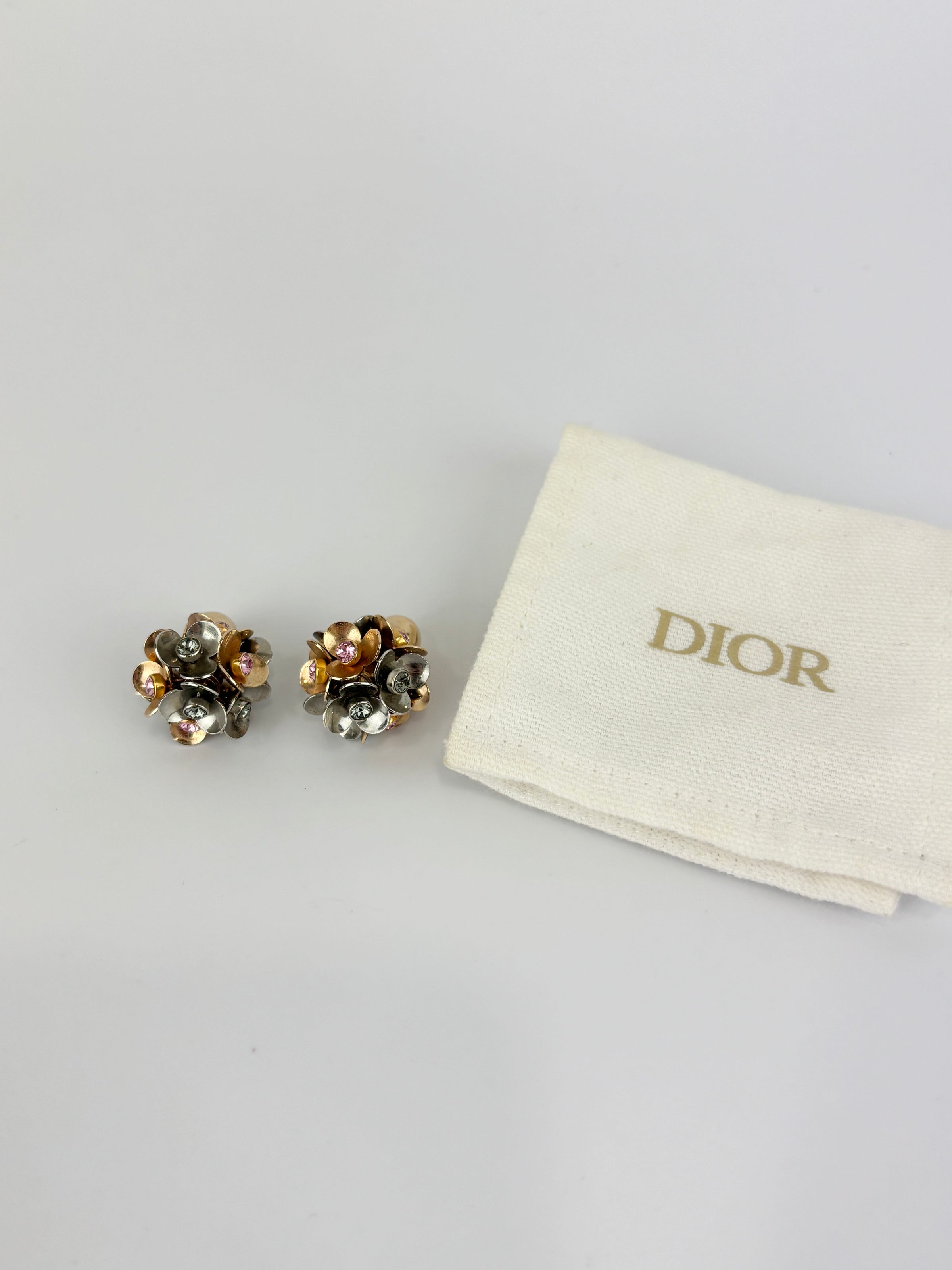 Silver & Gold Tone Rhinestone Tribal Flower Petals Earrings