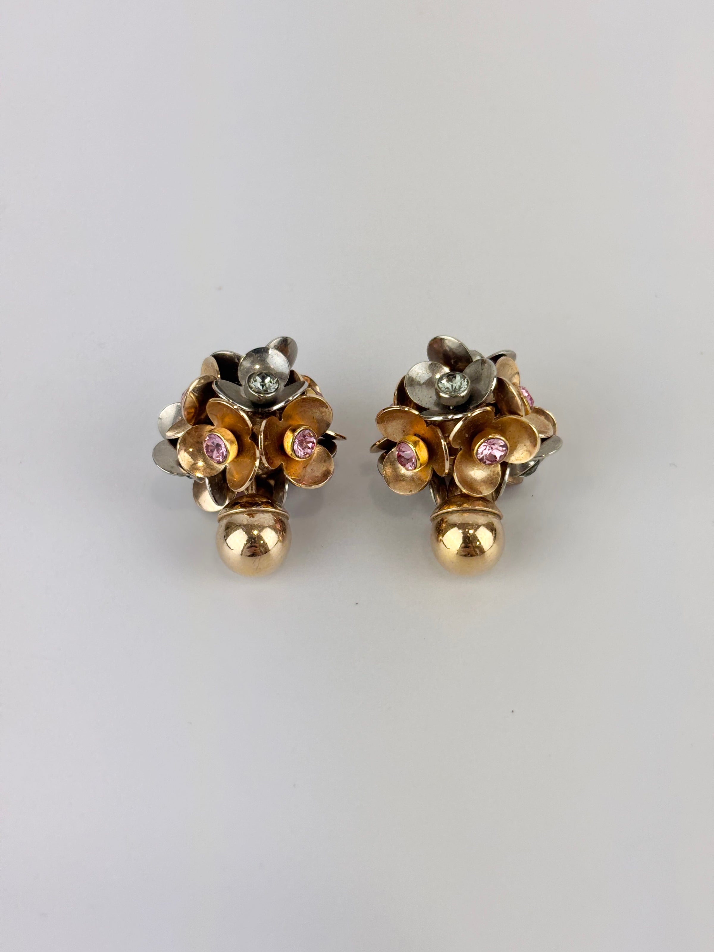 Silver & Gold Tone Rhinestone Tribal Flower Petals Earrings