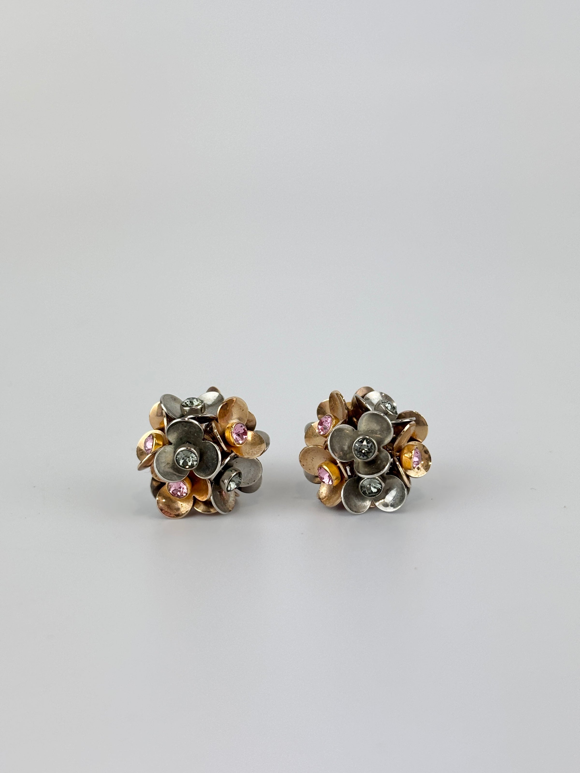 Silver & Gold Tone Rhinestone Tribal Flower Petals Earrings