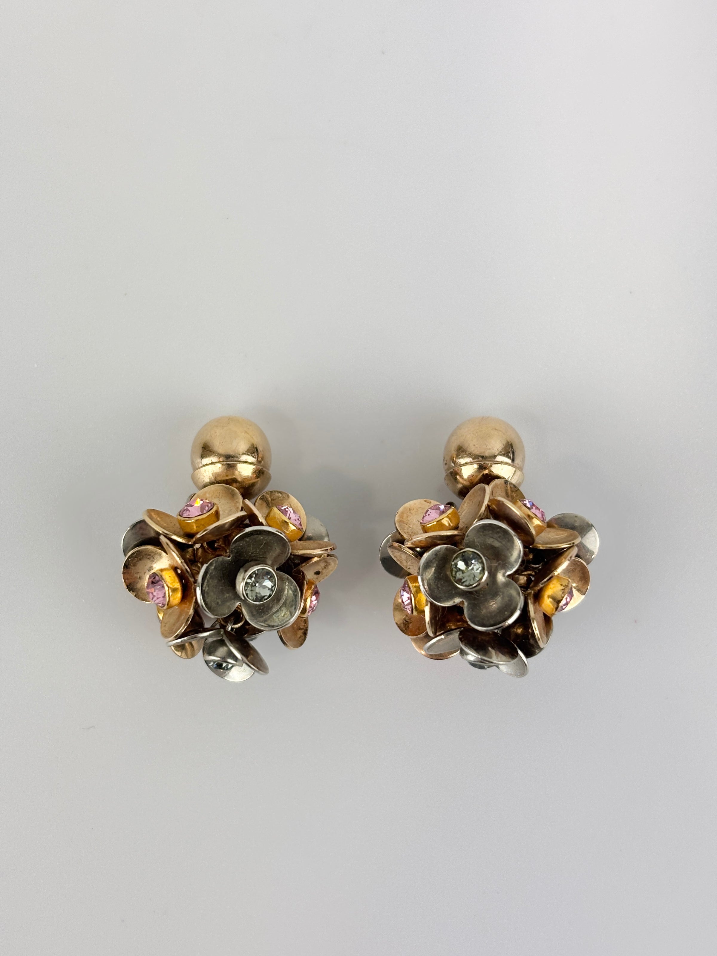 Silver & Gold Tone Rhinestone Tribal Flower Petals Earrings