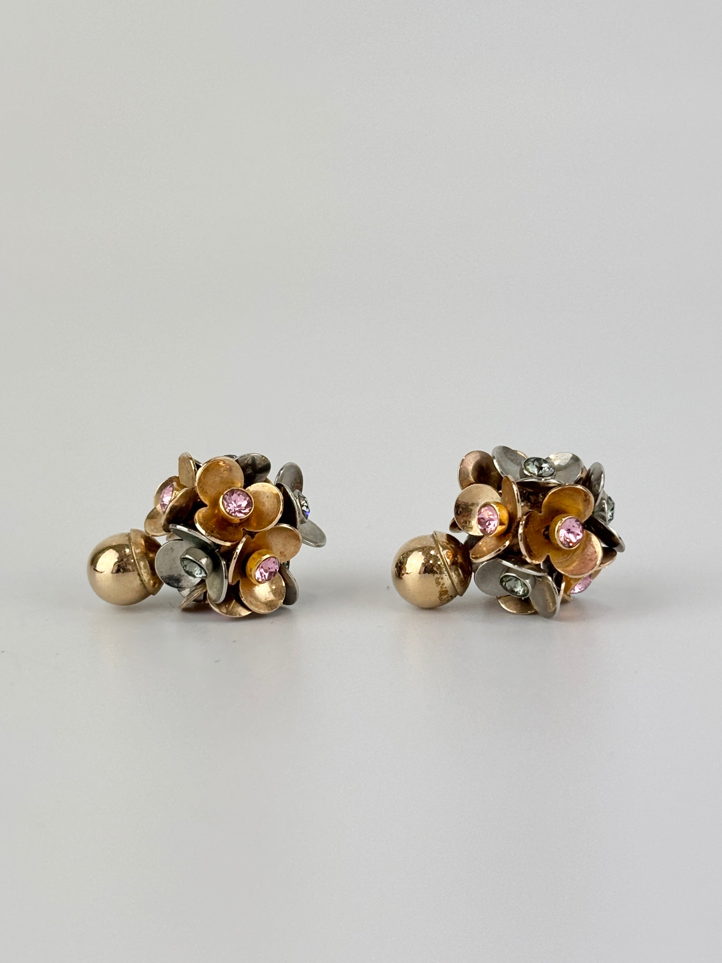 Silver & Gold Tone Rhinestone Tribal Flower Petals Earrings