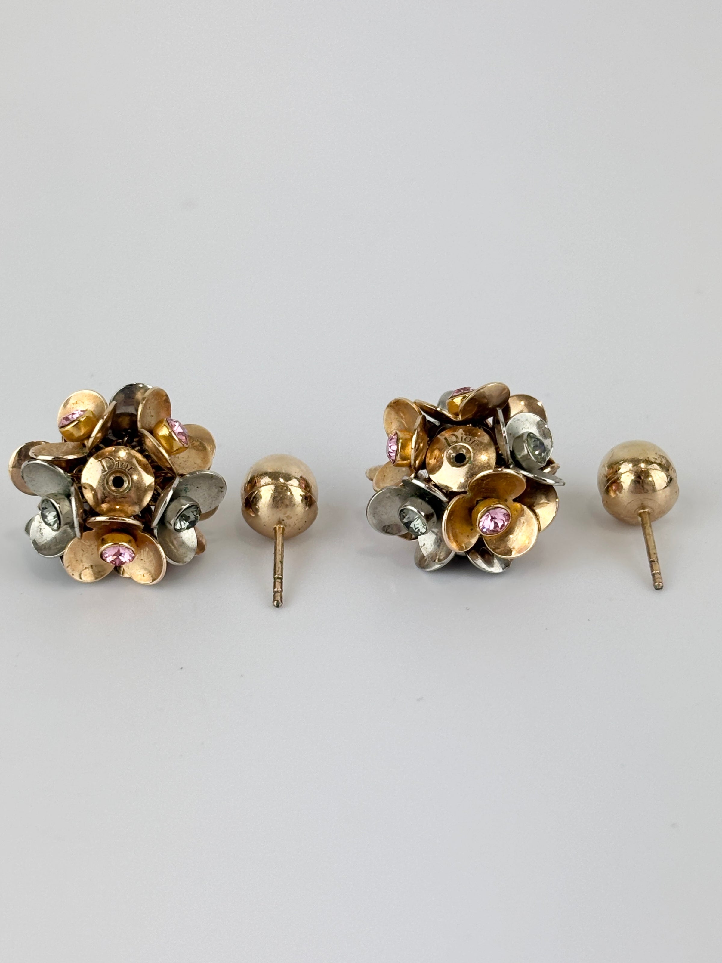 Silver & Gold Tone Rhinestone Tribal Flower Petals Earrings