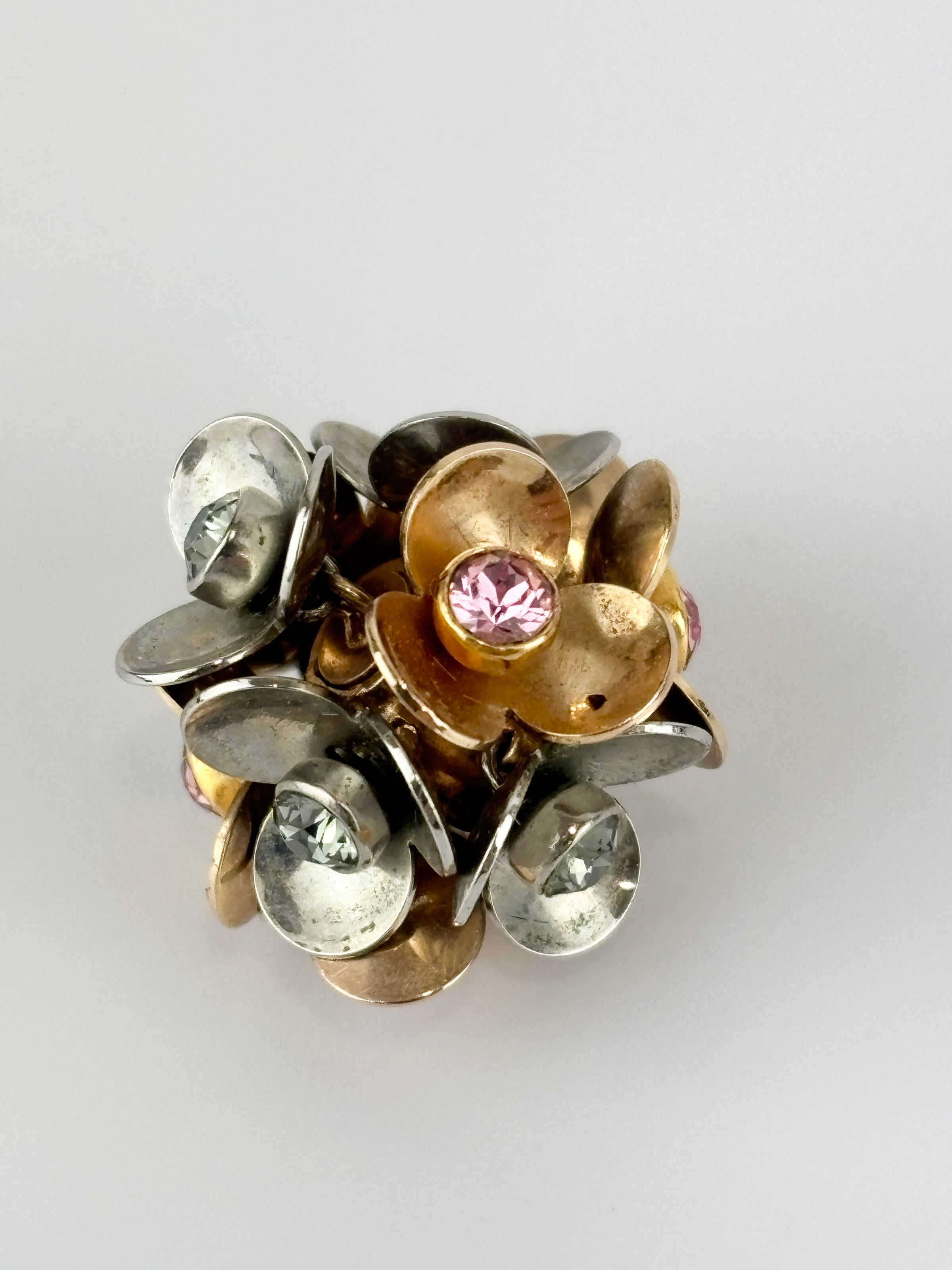Silver & Gold Tone Rhinestone Tribal Flower Petals Earrings