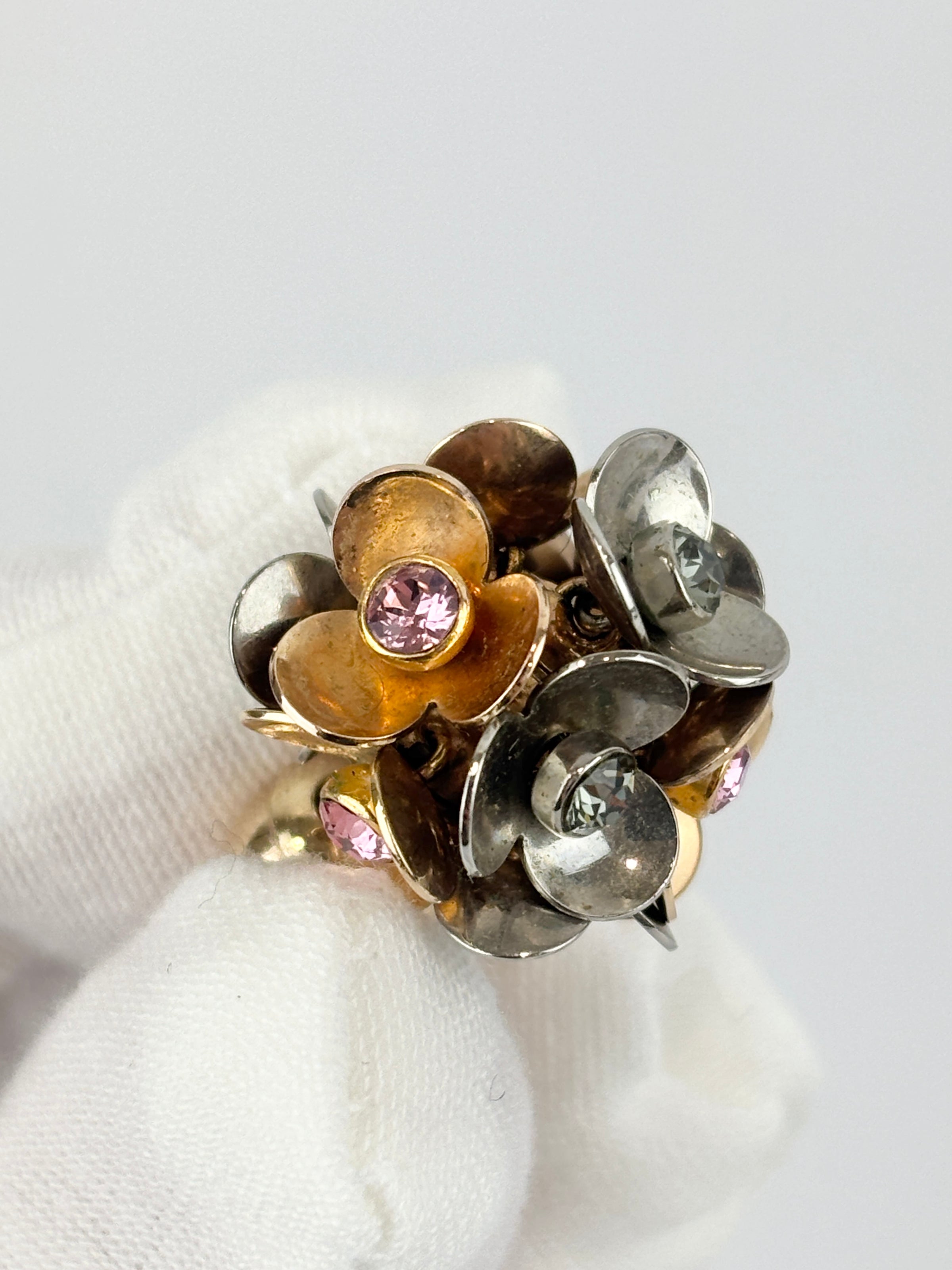 Silver & Gold Tone Rhinestone Tribal Flower Petals Earrings