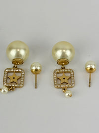 Faux Pearl Crystal Star Square Tribales Earrings Gold