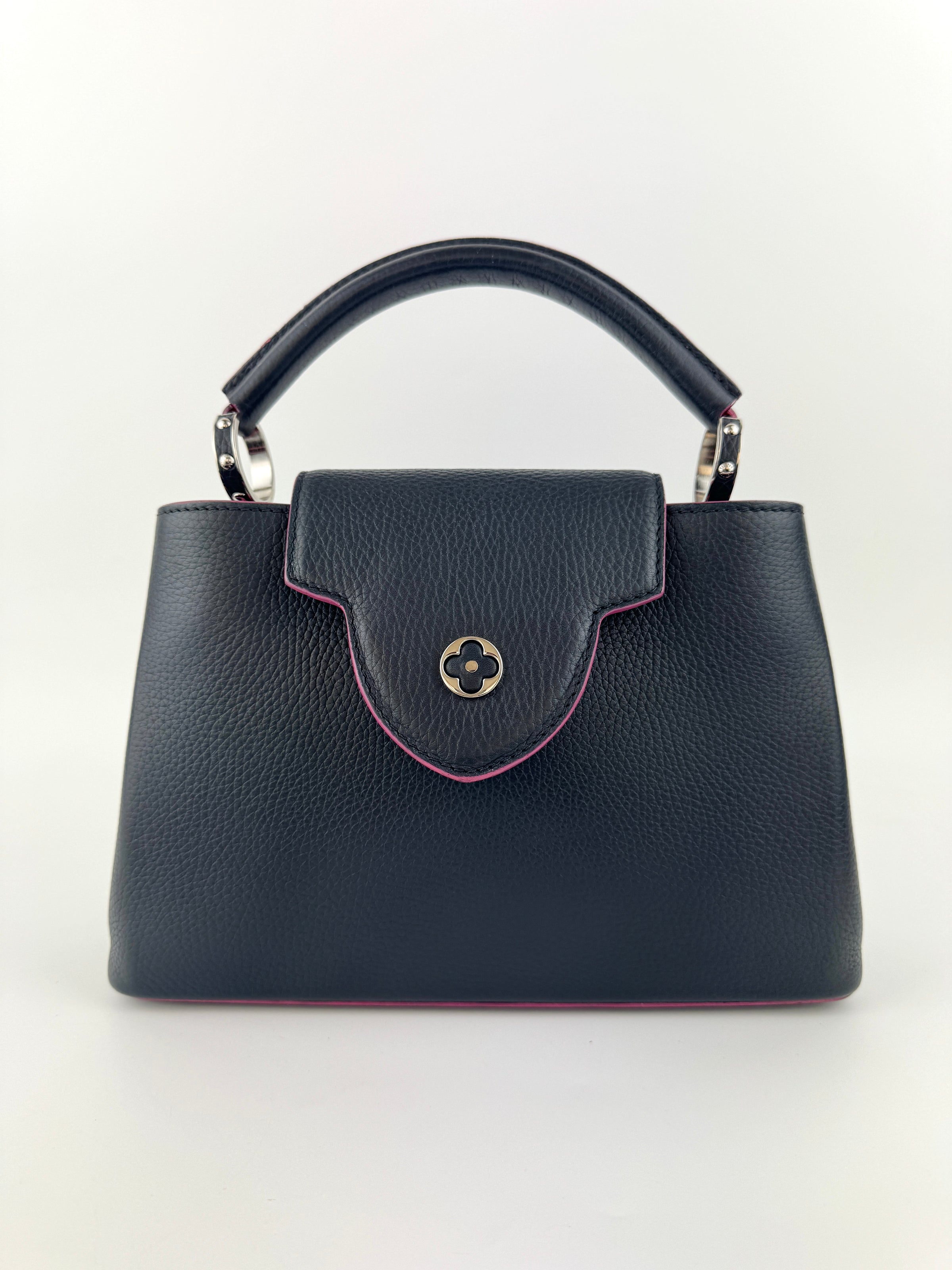Capucines BB in Black Taurillon Leather/Fuschia SHW