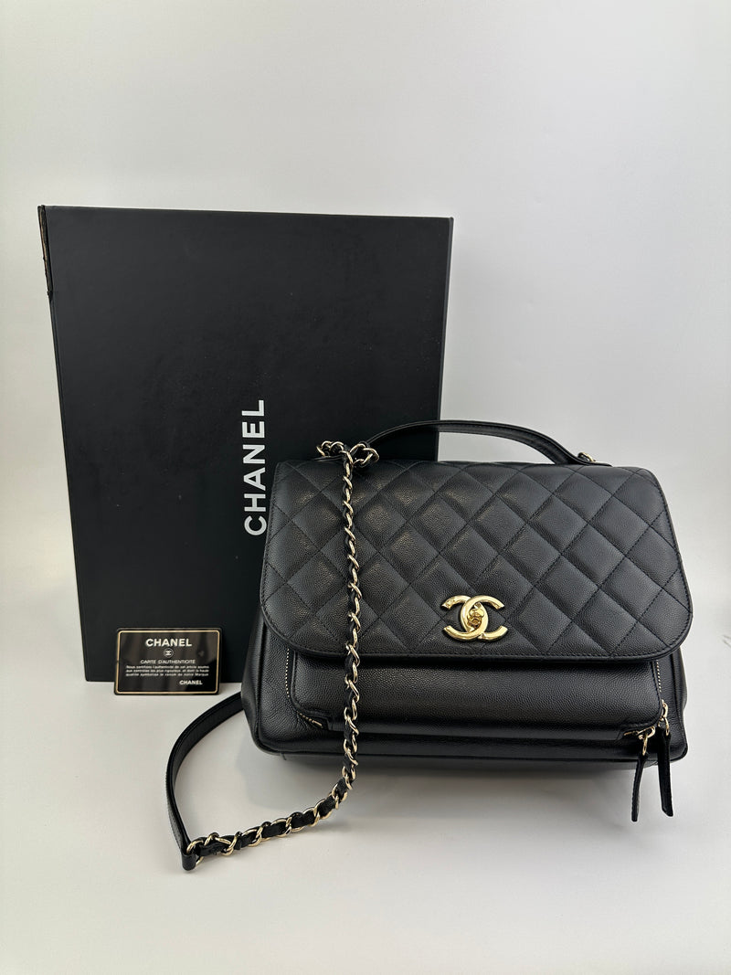 Large Business Affinity Black Caviar Flap Bag with Top Handle