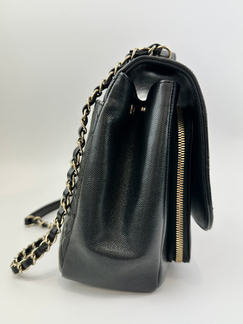 Large Business Affinity Black Caviar Flap Bag with Top Handle