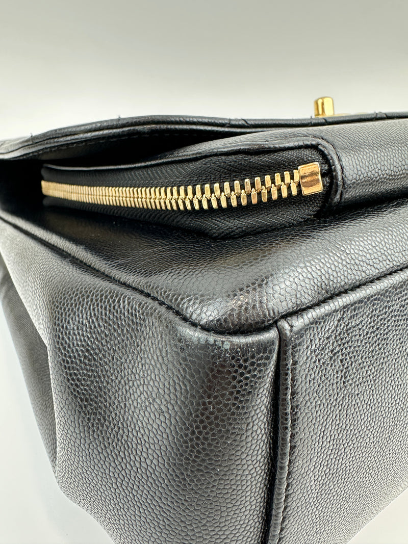 Large Business Affinity Black Caviar Flap Bag with Top Handle