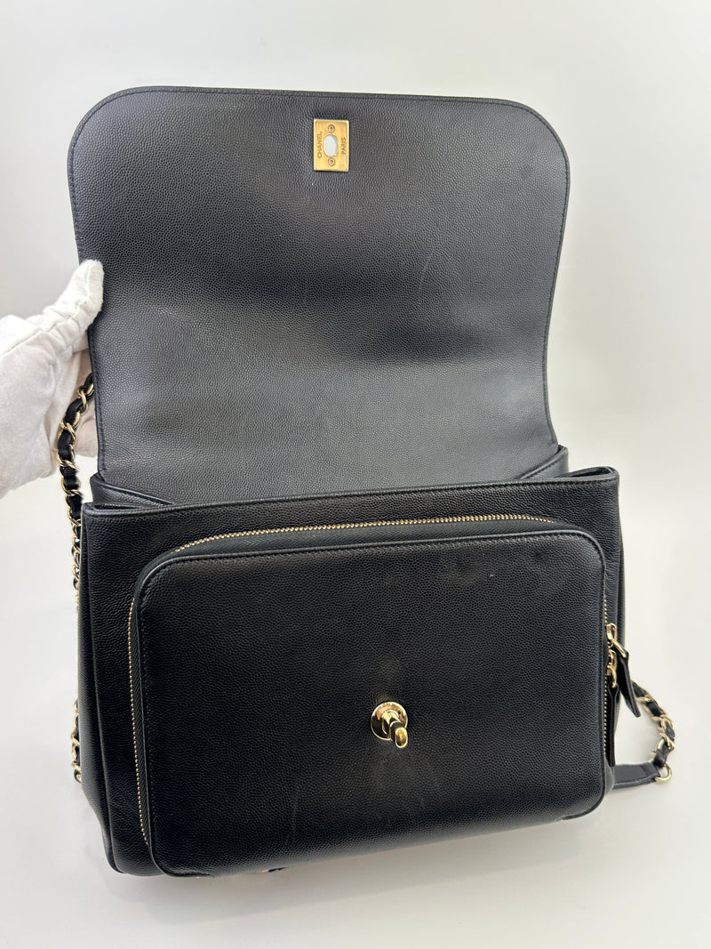 Large Business Affinity Black Caviar Flap Bag with Top Handle