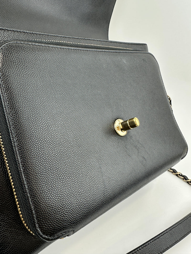 Large Business Affinity Black Caviar Flap Bag with Top Handle