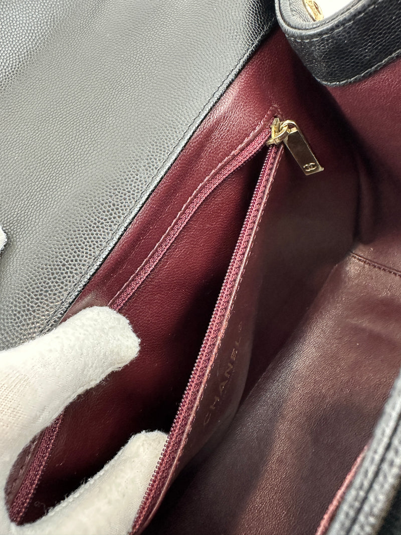 Large Business Affinity Black Caviar Flap Bag with Top Handle