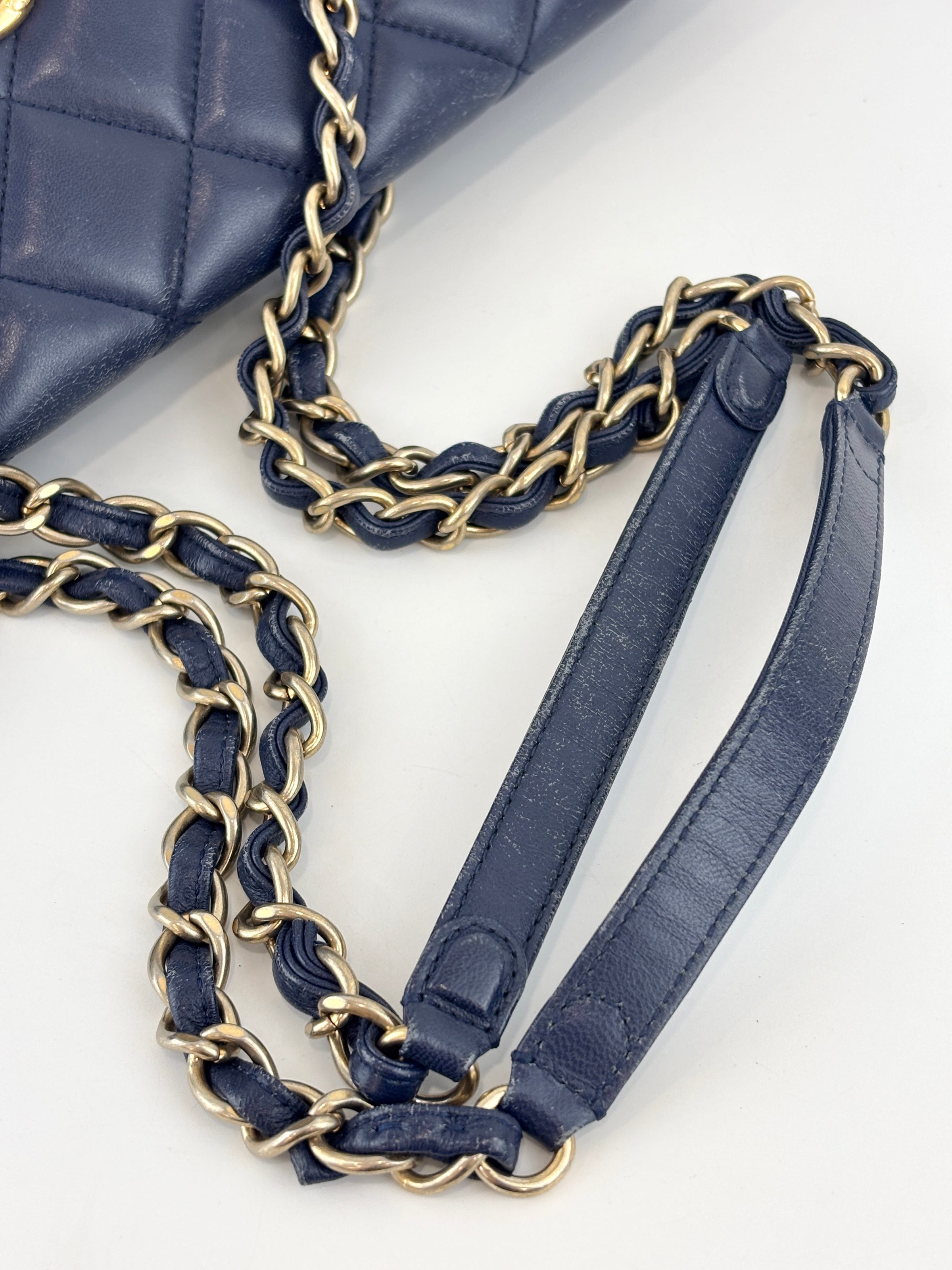 Navy Blue Quilted Lambskin Leather Misia Camera Flap Bag - Glampot