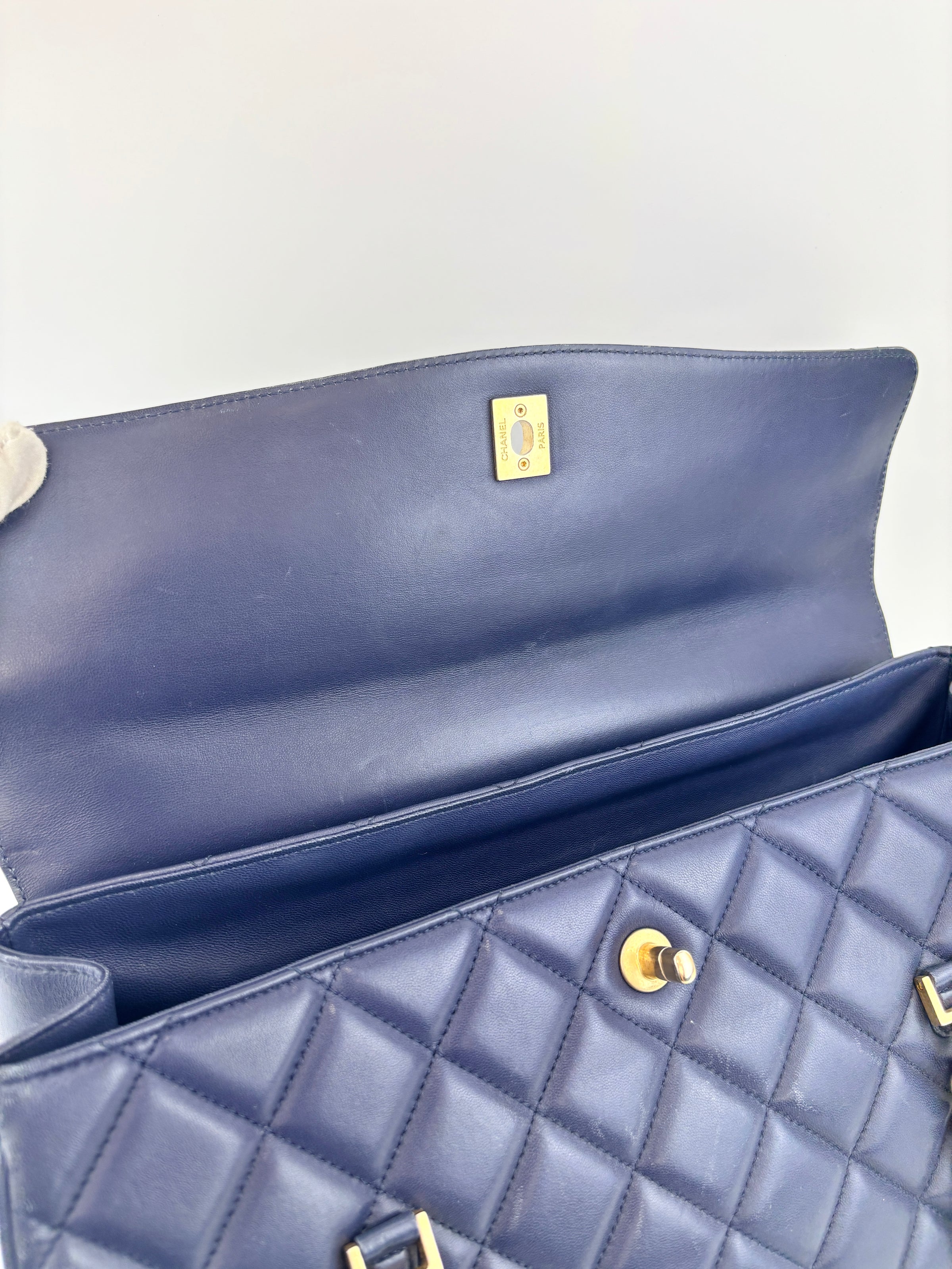 Navy Blue Quilted Lambskin Leather Misia Camera Flap Bag - Glampot