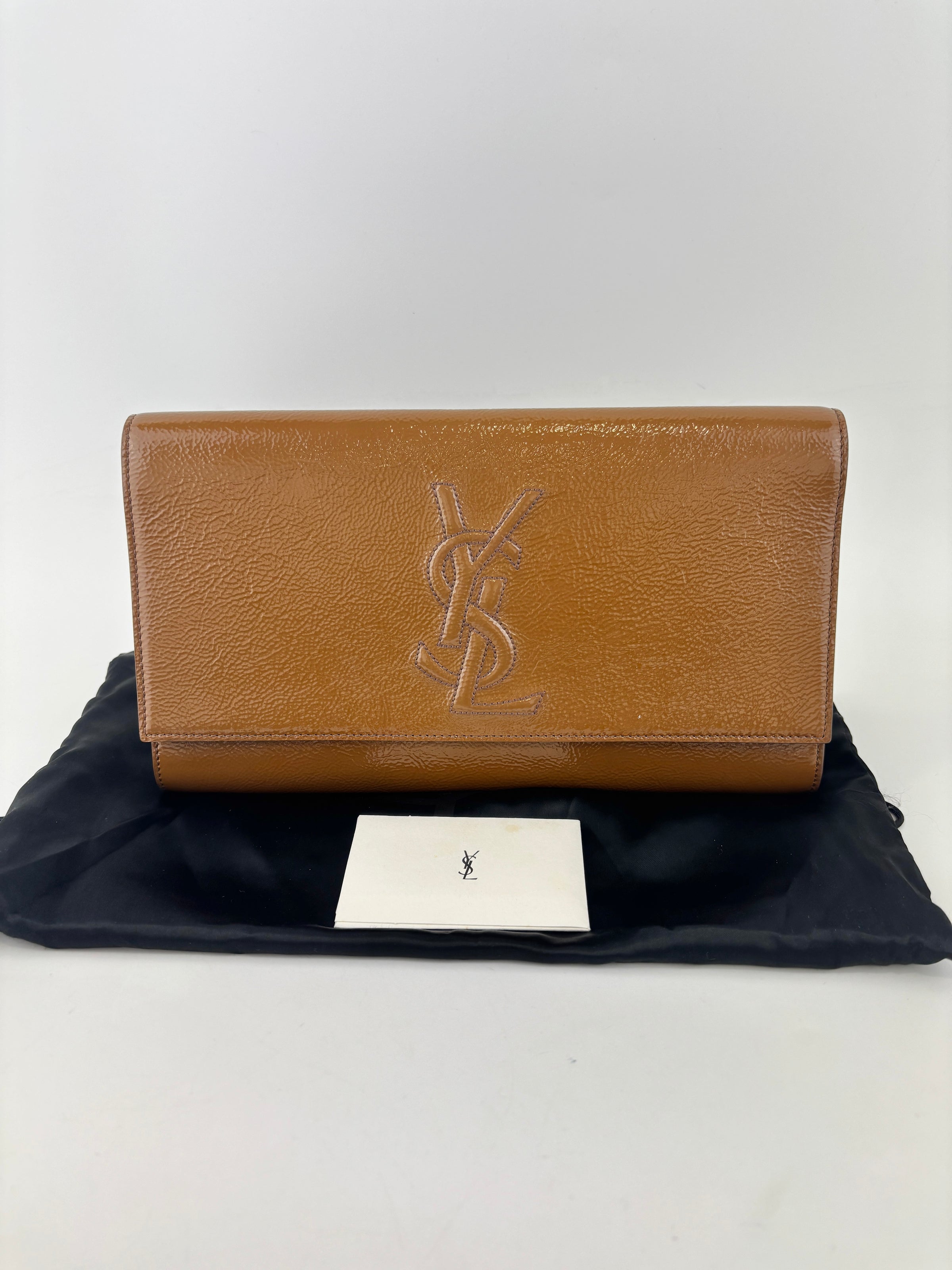 Patent Leather Large Belle Du Jour Clutch in Toffee Brown
