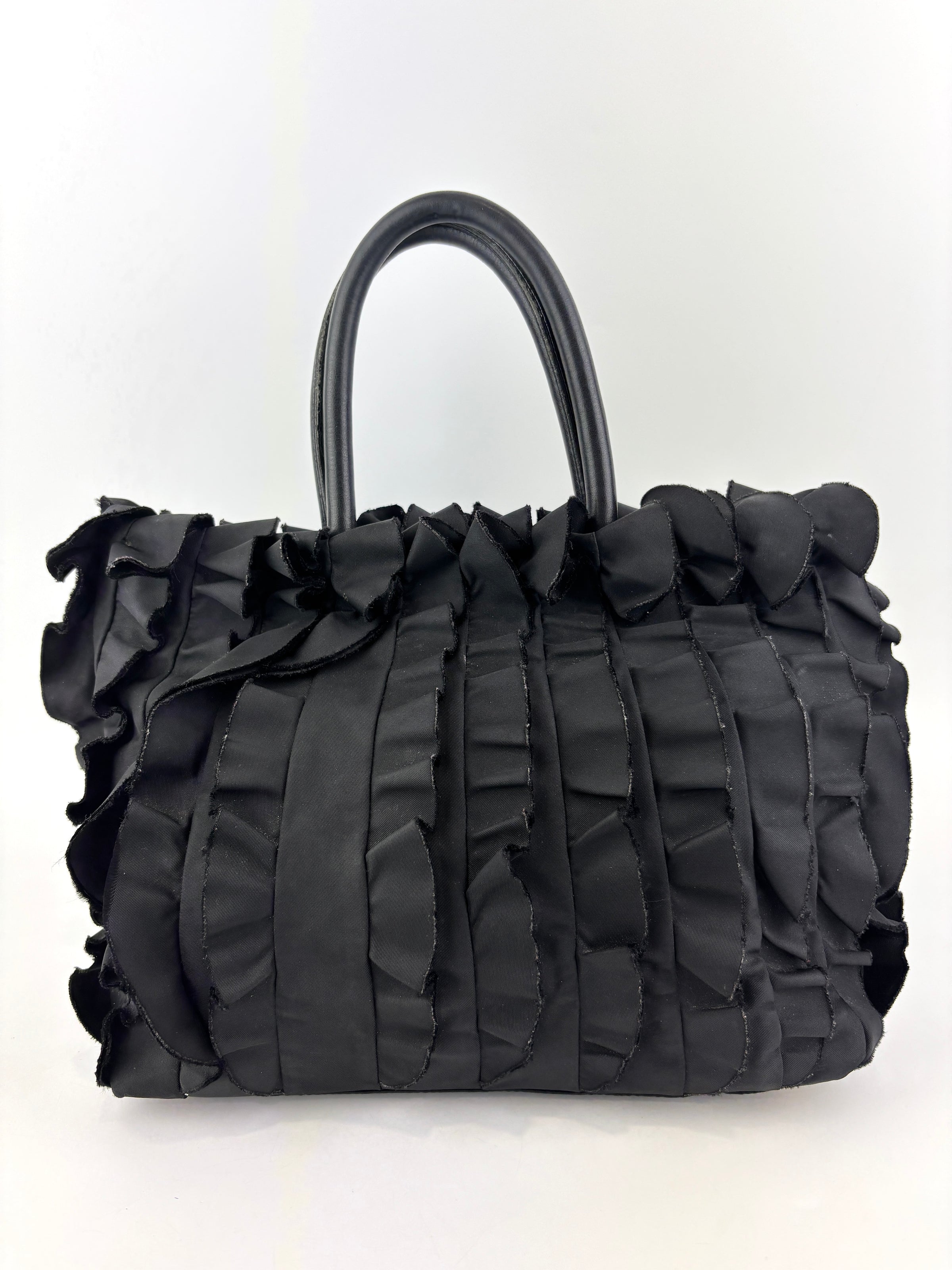 BN1728 Tessuto Nylon Ruffle Small Tote Bag in Black