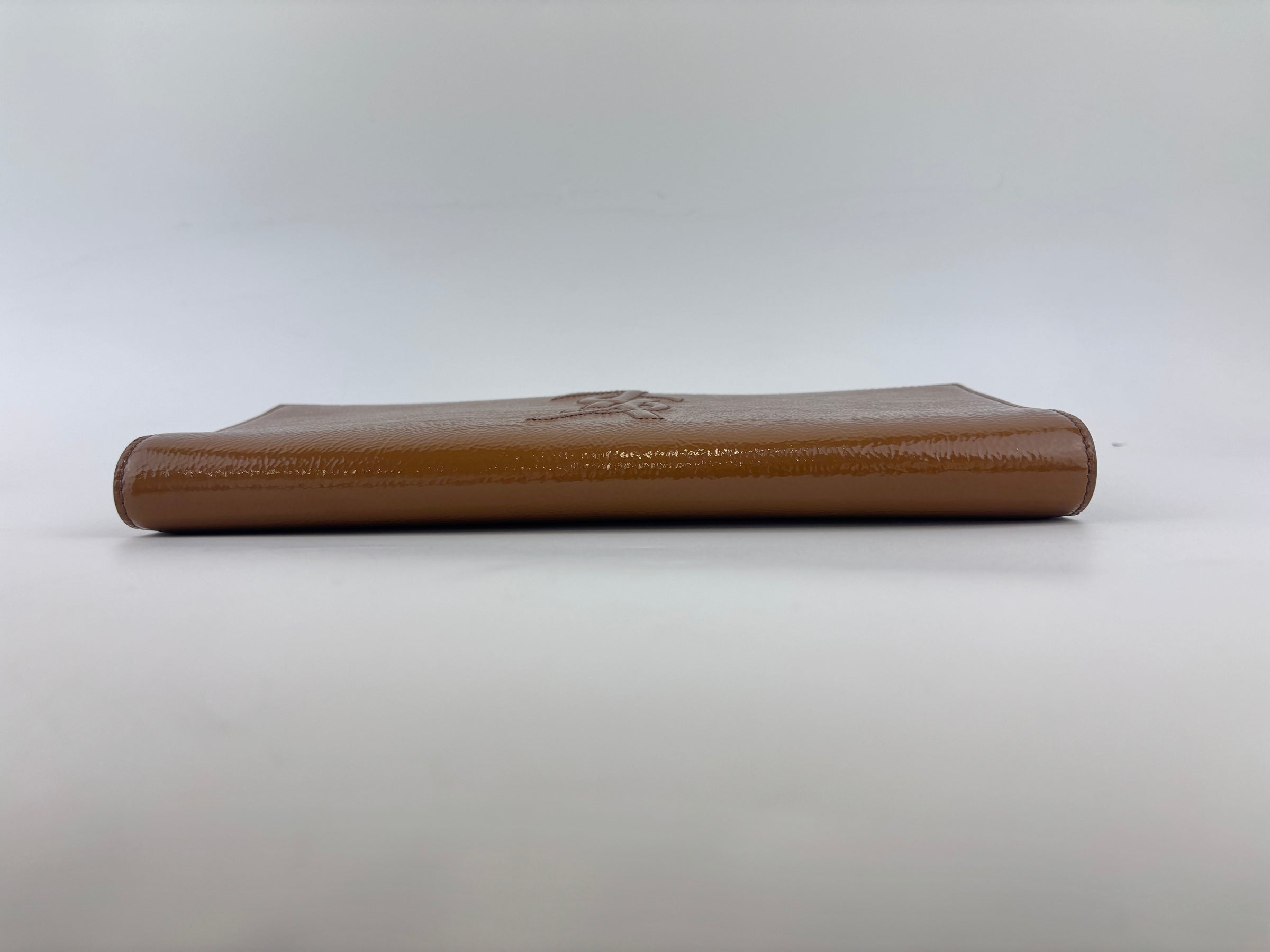 Patent Leather Large Belle Du Jour Clutch in Toffee Brown