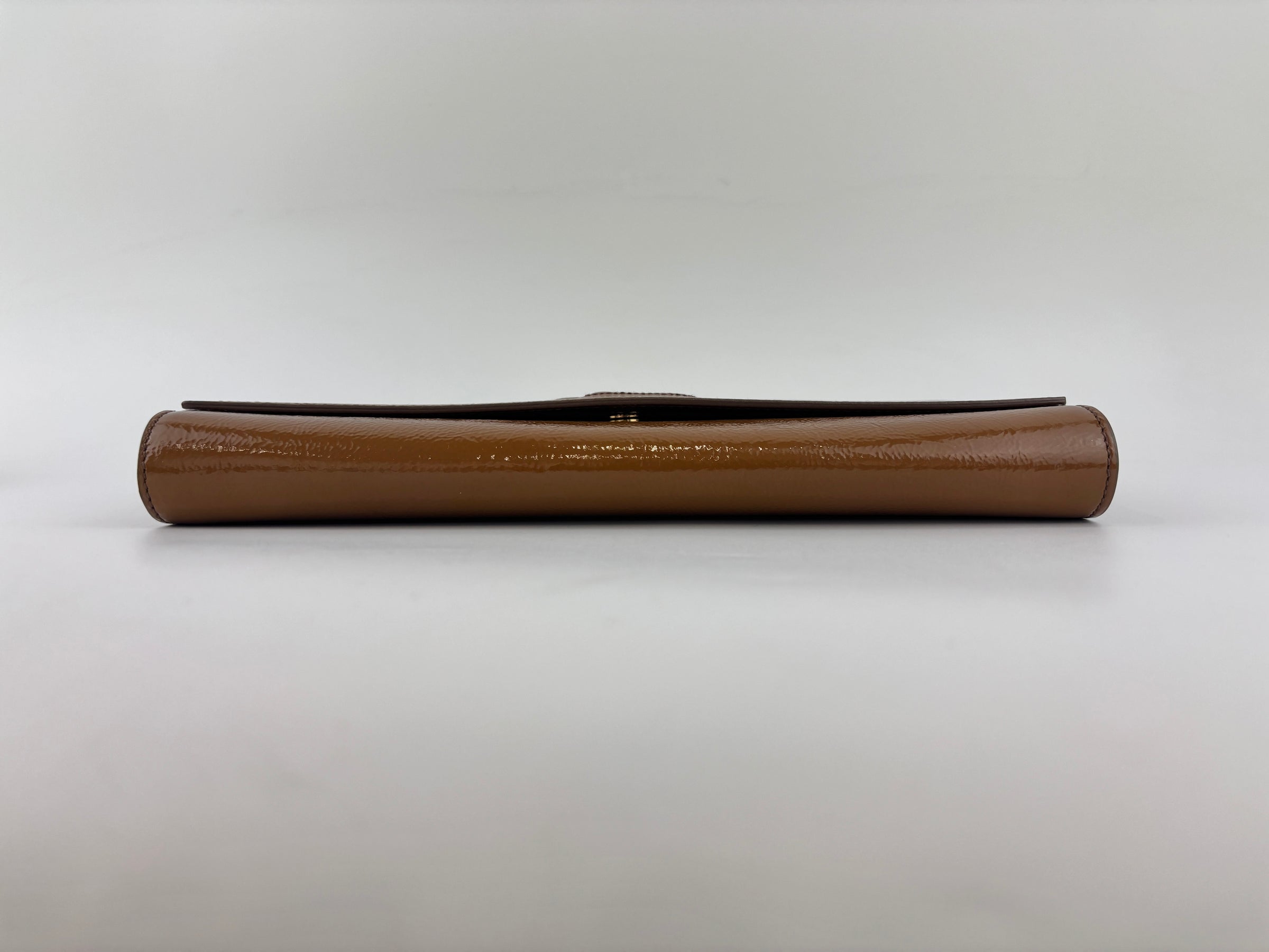 Patent Leather Large Belle Du Jour Clutch in Toffee Brown
