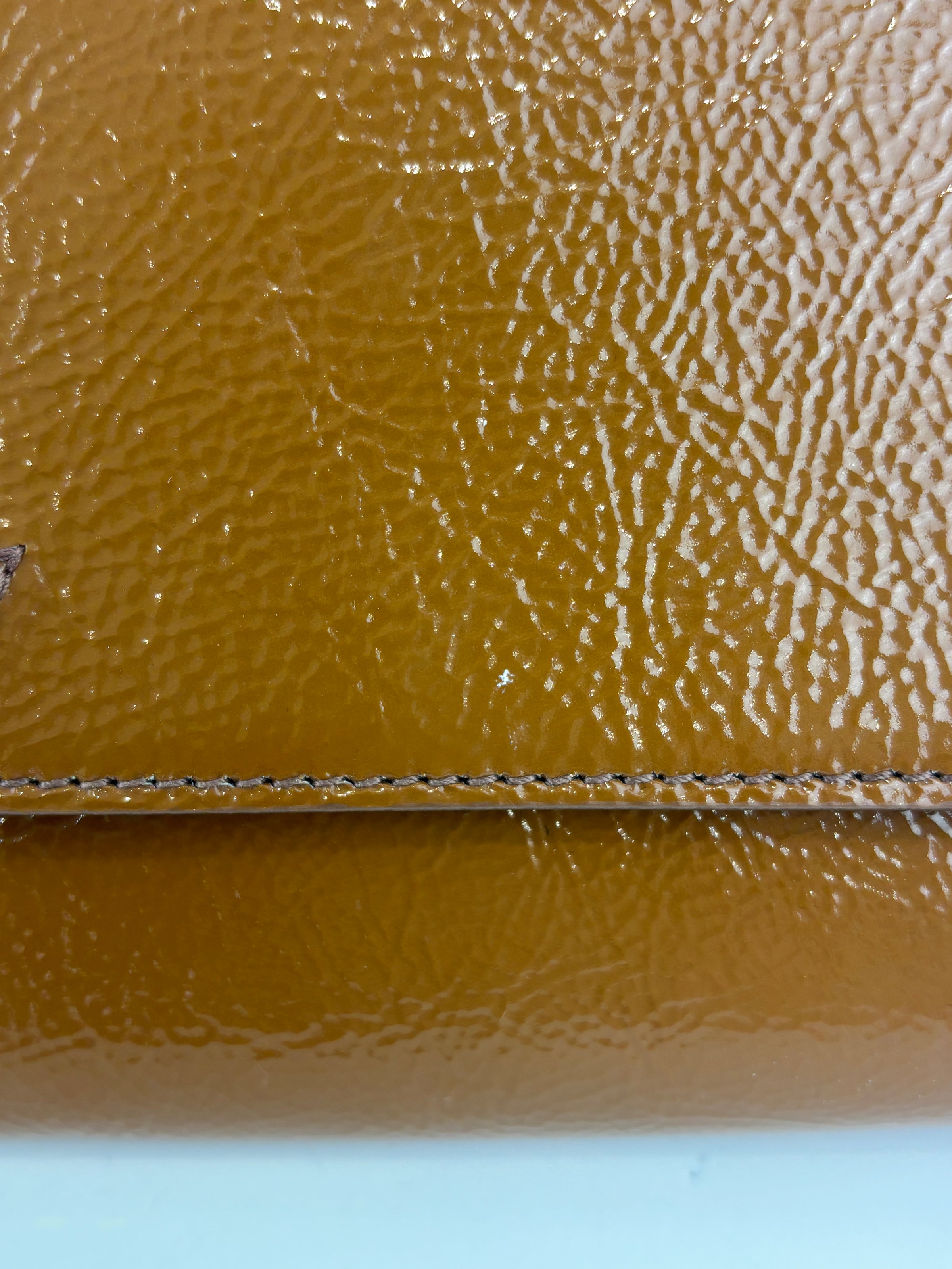 Patent Leather Large Belle Du Jour Clutch in Toffee Brown