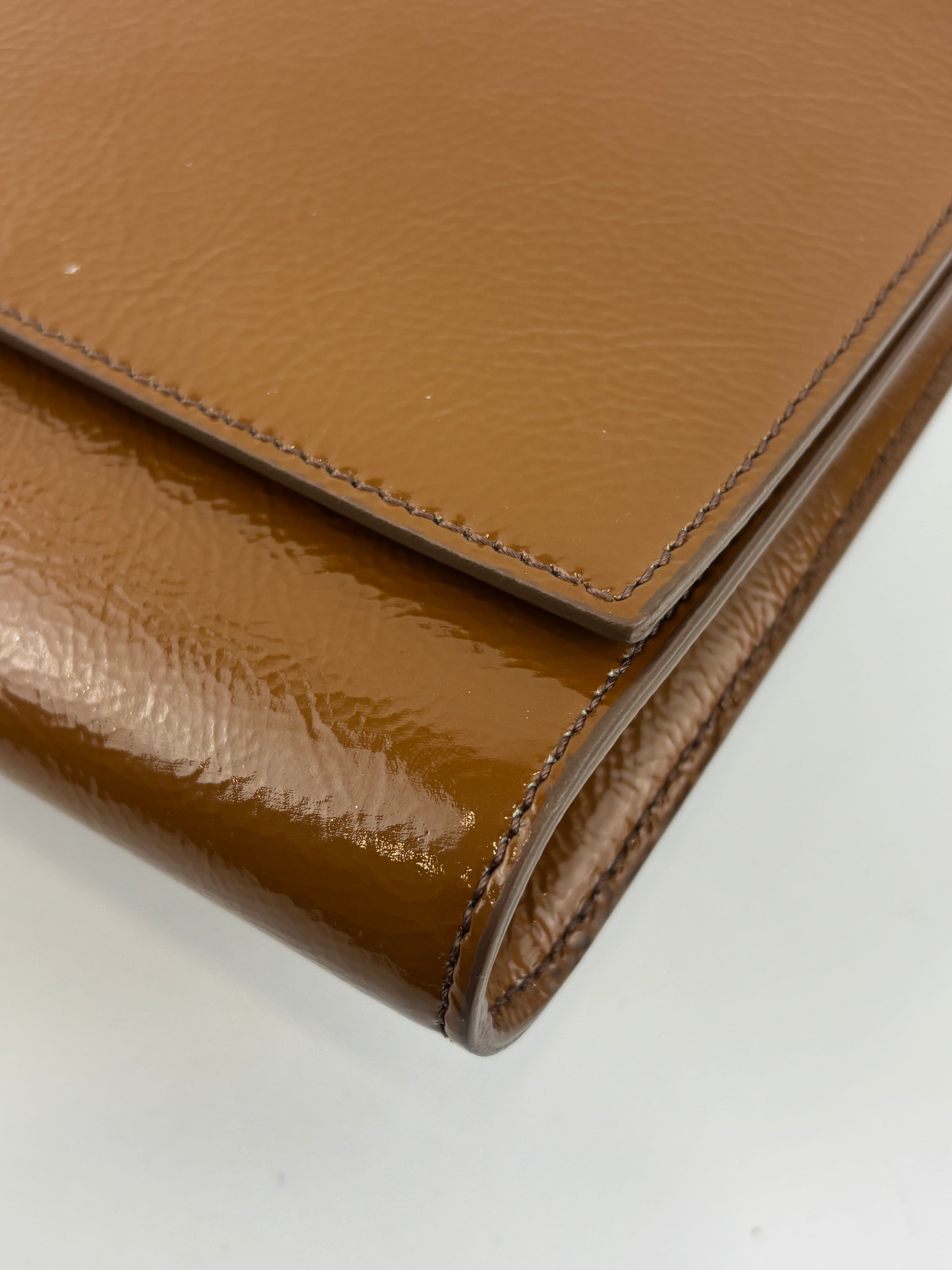 Patent Leather Large Belle Du Jour Clutch in Toffee Brown