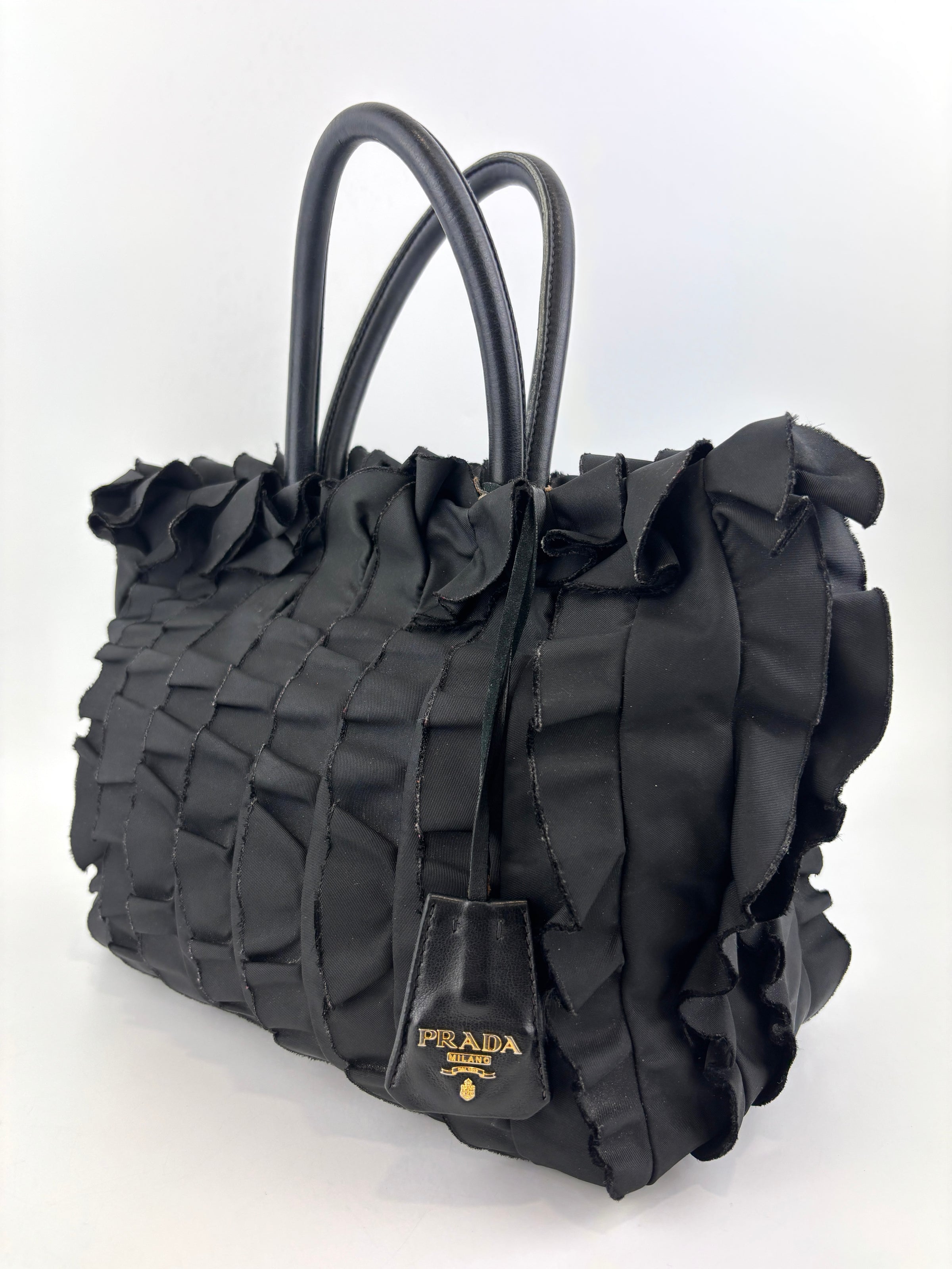 BN1728 Tessuto Nylon Ruffle Small Tote Bag in Black