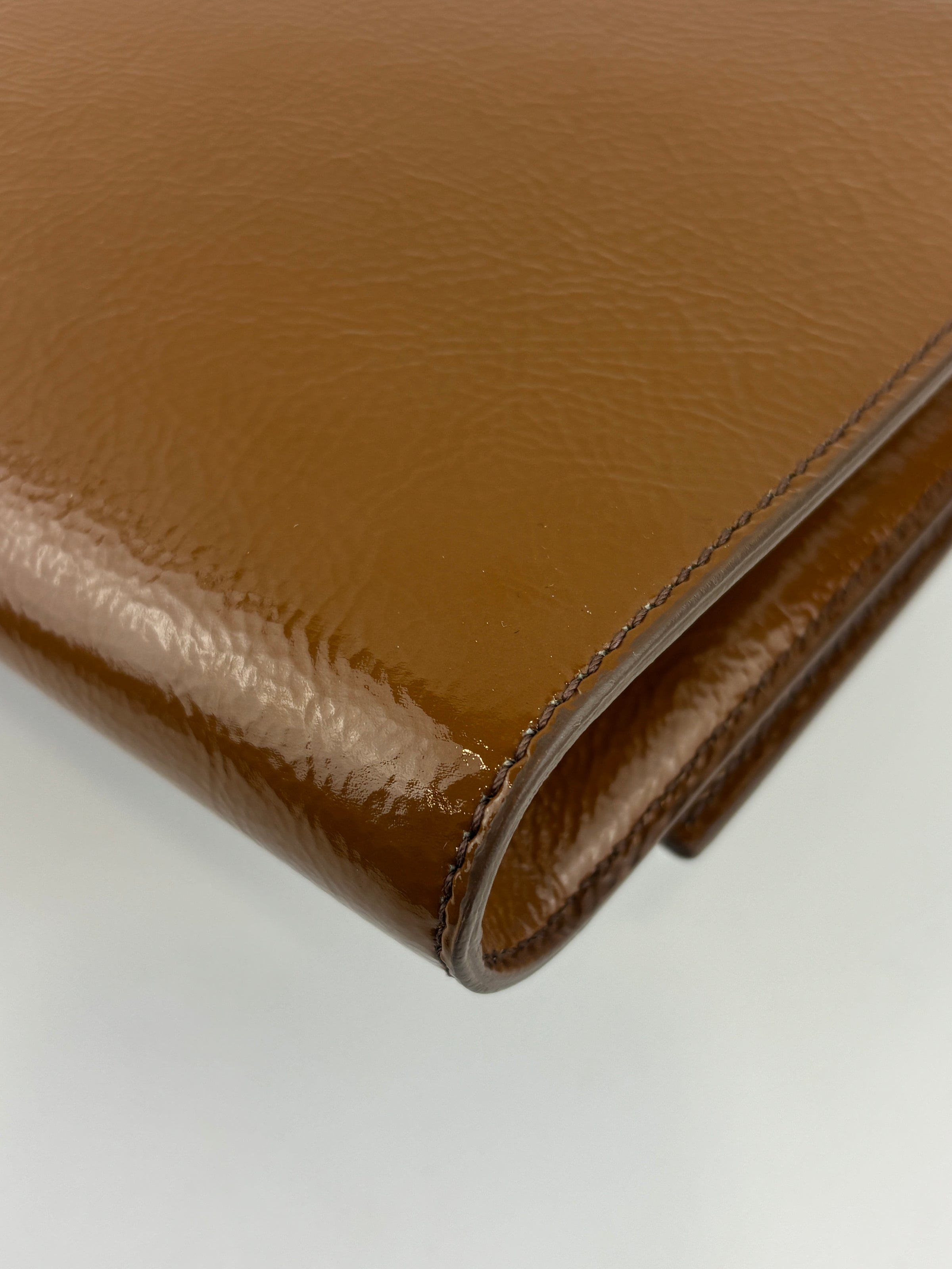 Patent Leather Large Belle Du Jour Clutch in Toffee Brown