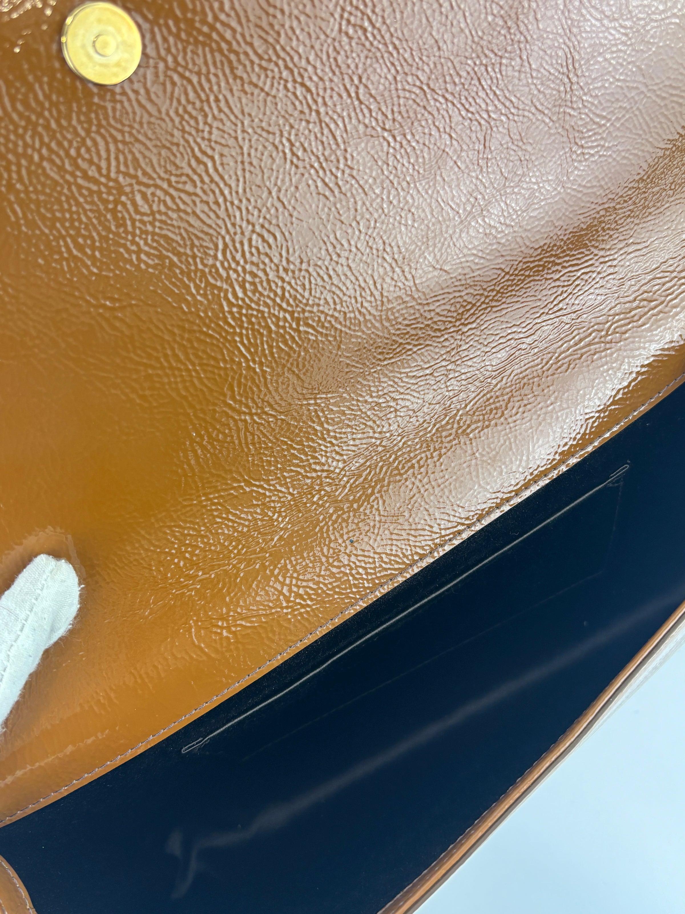 Patent Leather Large Belle Du Jour Clutch in Toffee Brown