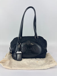 Black Tessuto & Patent Leather Embossed Logo Boston Bag